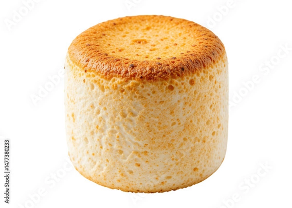Fototapeta Single toasted marshmallow with golden brown top and porous texture, isolated on transparent background, sweet, dessert, snack.