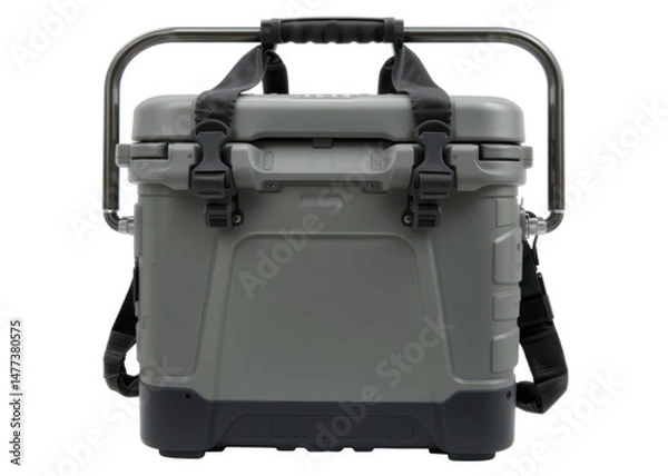 Fototapeta Grey portable cooler box with metal handle and straps for outdoor activities, isolated on transparent background. Travel, camping, picnic.