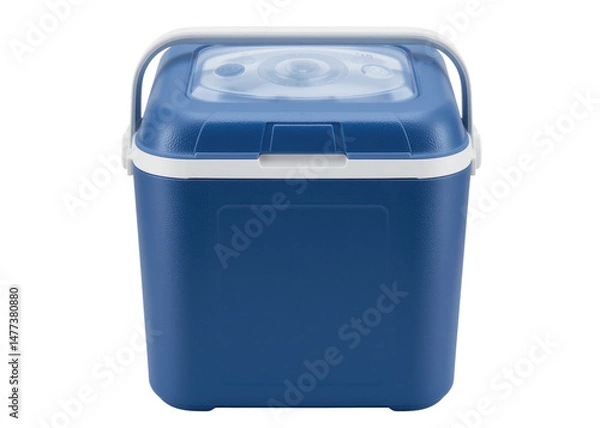 Fototapeta Blue portable plastic cooler box with white handle and lid isolated on transparent background, picnic, camping, travel.