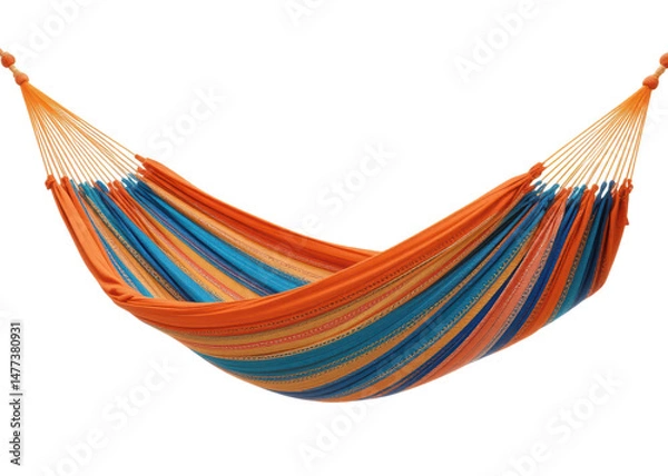 Fototapeta Colorful fabric hammock with orange, blue, and yellow stripes, isolated on transparent background, relaxation, leisure, summer.