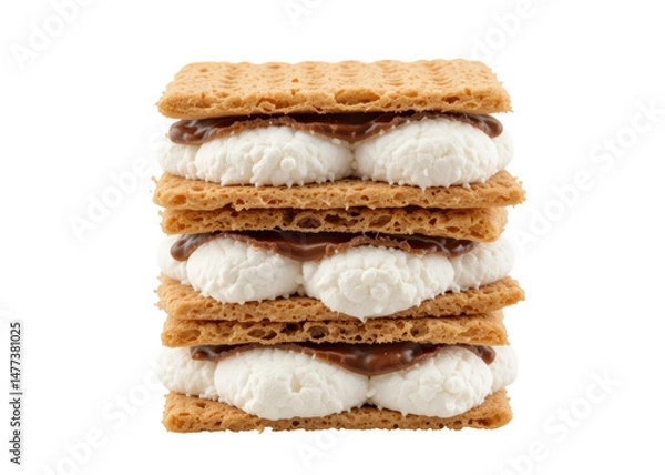 Fototapeta Tall stacked Smore with graham crackers, melted chocolate, and fluffy marshmallows, isolated on transparent background, dessert, sweet, snack.