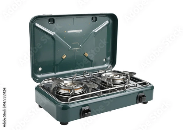Fototapeta Green two burner portable gas stove with lid open isolated on transparent background camping outdoor cooking