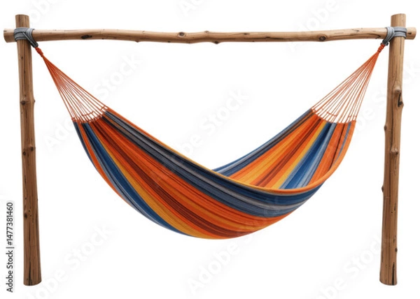 Fototapeta Colorful striped hammock hanging on a rustic wooden stand, isolated on transparent background. Relaxation, Leisure, Summer.