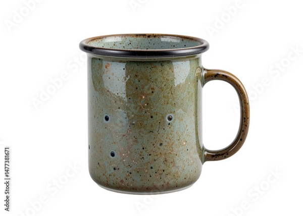 Fototapeta Ceramic mug with green and brown speckled glaze and dark rim, isolated on transparent background, drinkware, beverage, coffee cup.