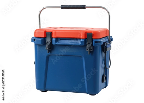 Fototapeta Blue and orange plastic cooler box with metal handle and latches, isolated on transparent background, for picnic, camping, fishing.
