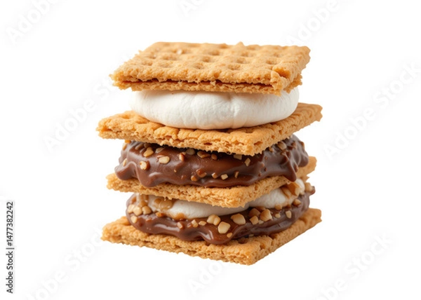 Fototapeta Stacked smores with graham crackers, marshmallow, chocolate, and nuts isolated on transparent background. Sweet, Dessert, Snack.