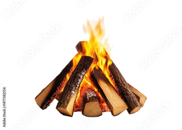 Fototapeta Campfire with burning logs and bright flames, isolated on transparent background, warmth, heat, camping.