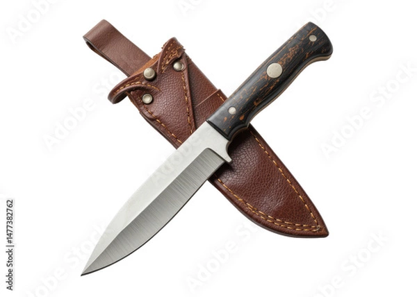 Fototapeta Fixed blade knife with leather sheath, isolated on transparent background, hunting, survival, camping.