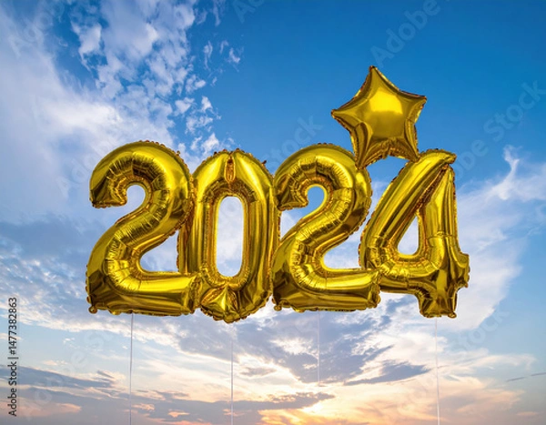 Fototapeta Golden balloons representing year 2024 float against vibrant sky, symbolizing hope and new beginnings