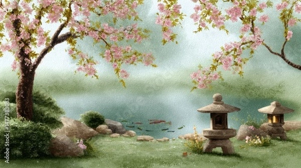 Fototapeta A serene scene of a pond with two lanterns and a tree in the background 15