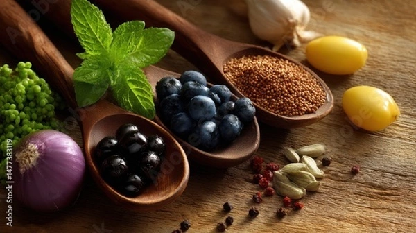Fototapeta A wooden spoon is filled with blueberries and other ingredients