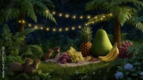 Fototapeta A group of small animals are gathered around a table with fruit