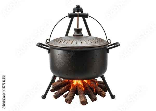 Fototapeta Cooking pot over a campfire on a tripod stand, isolated on transparent background. Cooking, Camping, Outdoor.