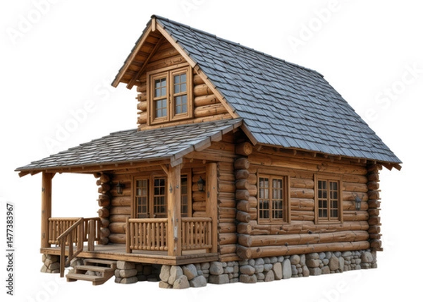 Fototapeta Rustic log cabin house with porch and stone foundation isolated on transparent background. Rustic living, architecture, real estate.