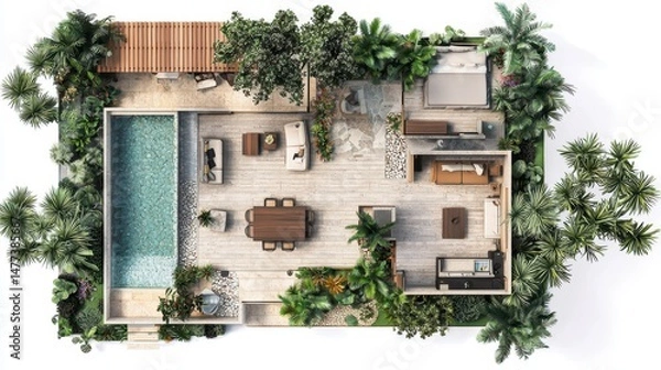 Fototapeta Serenity House with L-Shaped Pool