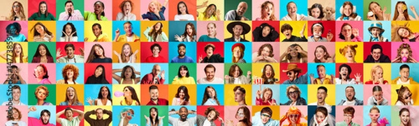 Fototapeta Collage of energetic men and women representing various races and styles, all displaying surprise and fun gestures. Concept of emotion, diversity, youth spirit, openness and inclusivity