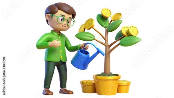 Fototapeta A man waters a money tree with coins, symbolizing investment growth or financial prosperity. 3D rendering, conceptual image. Isolated on white background.