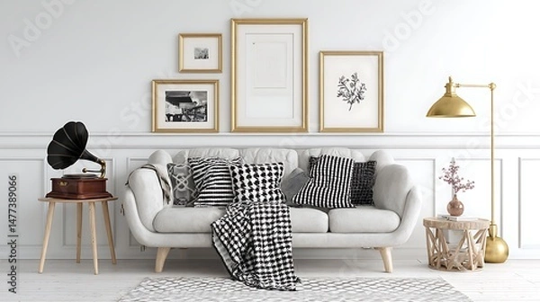 Fototapeta Scandinavian white room with design sofa, bookstand with accents, pillows, blanket, gramophone, and mock up picture frames is chic and inviting, white walls and a contemporary triangular lamp