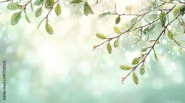Fototapeta Serene morning beauty with dewy leaves and soft bokeh lights on blurred backdrop. Delicate background with empty space for spring and summer