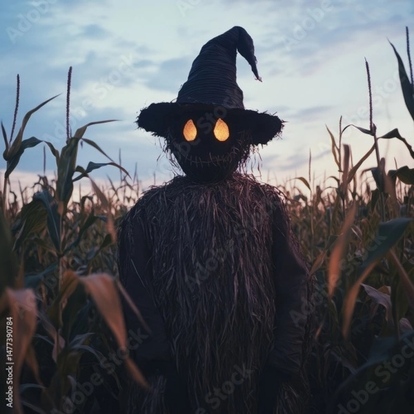 Obraz A mysterious figure with glowing eyes stands in a field of tall grass, creating a spooky and eerie atmosphere.
