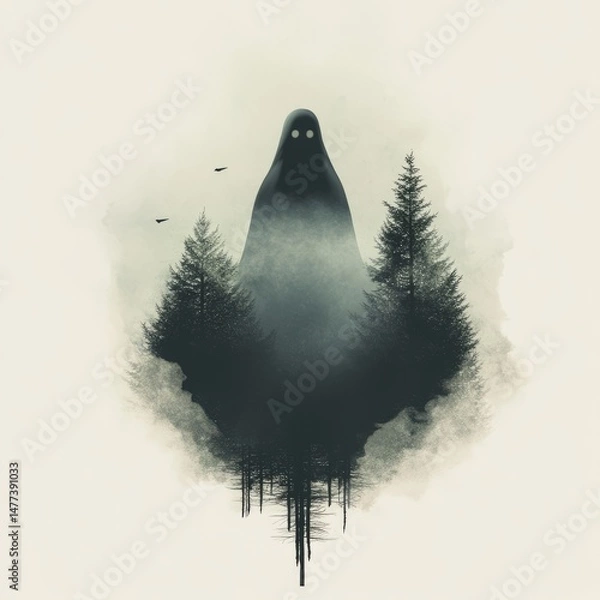 Obraz A mysterious hooded figure stands tall in a misty forest, its glowing eyes peering out from the shadows.