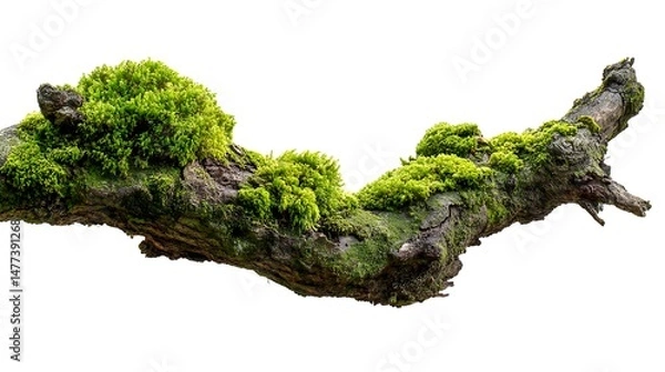 Fototapeta Rotten branch covered in green moss, isolated on white background
