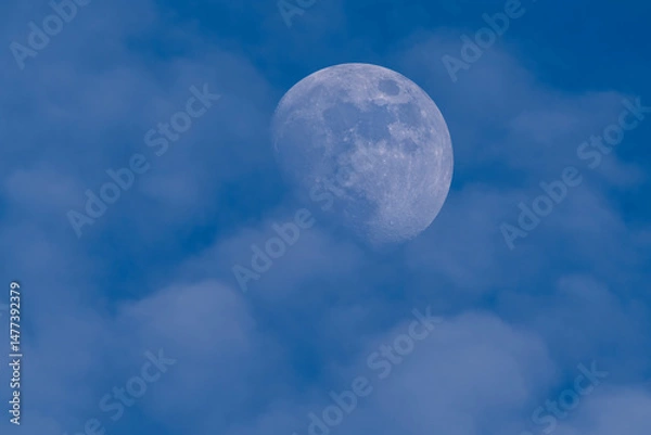 Fototapeta Close-up of the waxing gibbous moon in the blue daytime sky with soft clouds. A rare and peaceful view of the moon clearly visible before nightfall.