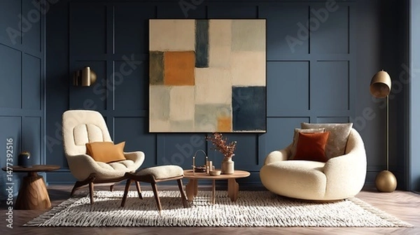 Fototapeta Retro mid century interior with navy blue and beige wall art in textured abstract style, cozy furniture