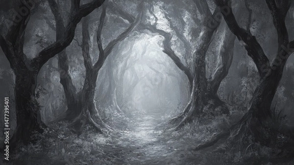 Fototapeta A narrow path leads through a misty forest, with thick trees creating a dark and mysterious atmosphere.