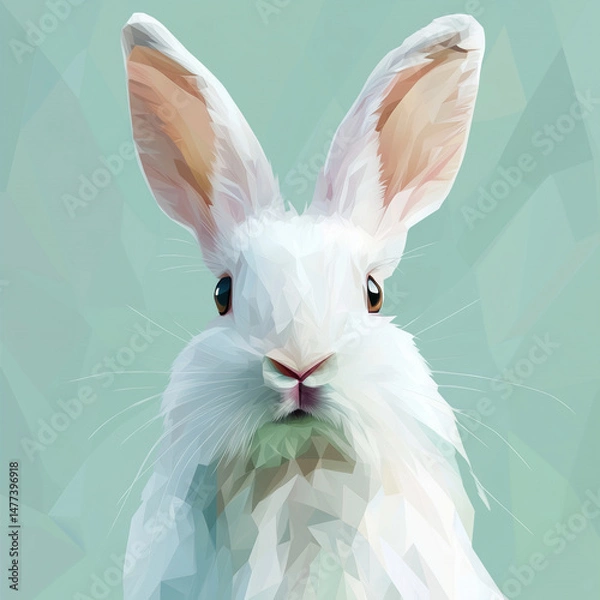 Fototapeta Stylish geometric WPAP illustration of a white bunny made from colorful polygons. A modern digital artwork with a pastel background and vivid gaze