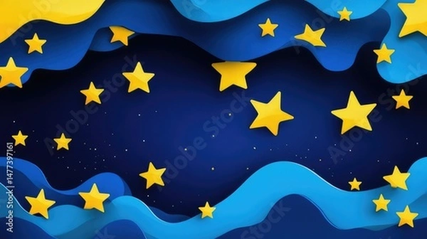 Fototapeta Night sky with gold stars forms a seamless vector pattern, a European symbol against the blue of space