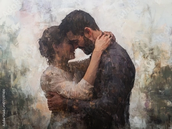 Obraz A painting of a couple embracing each other with love, captured in a moment of intimacy.