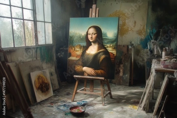 Obraz A painting of the Mona Lisa on an easel in a messy art studio with paint splatters on the floor.