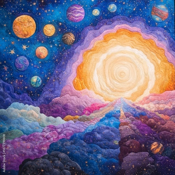 Obraz A patchwork quilt of a celestial landscape with a large sun and multiple planets in a blue starry sky, featuring mountains that seem to rise into the heavens.