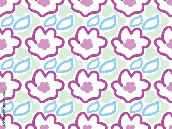 Fototapeta Abstract pink flowers and blue leaves. Seamless vector pattern for design and  decoration..eps