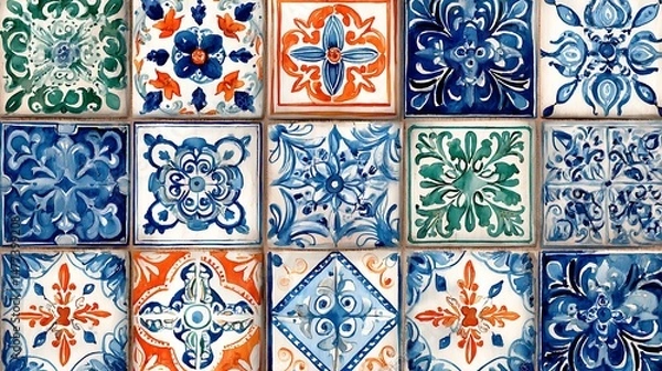 Obraz Pattern of azulejos tiles, watercolor illustration style