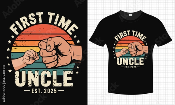 Fototapeta First Time Uncle T-Shirt with Baby Fist Bump and Retro Sunset Design |  Retro Fist Bump Illustration  |  Vintage First Time Uncle Tee with Baby and Adult Hand Artwork | Vector Print