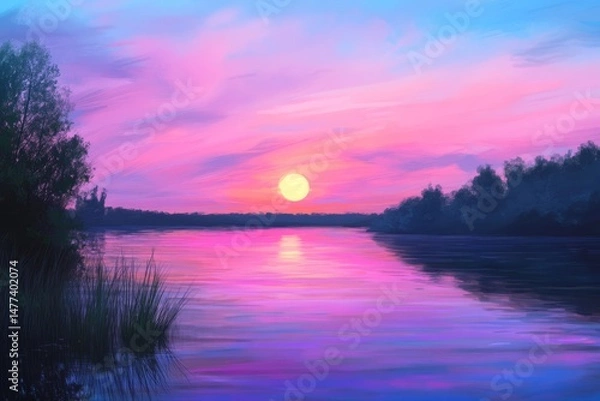 Obraz A peaceful lake with a vibrant sunset reflecting on its surface.
