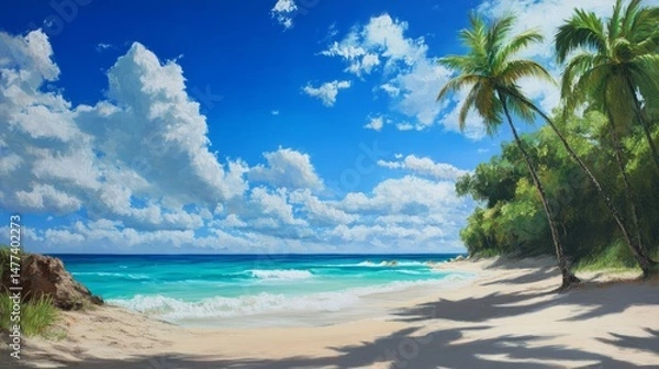 Obraz A peaceful tropical beach scene with white sand, blue water, and palm trees.