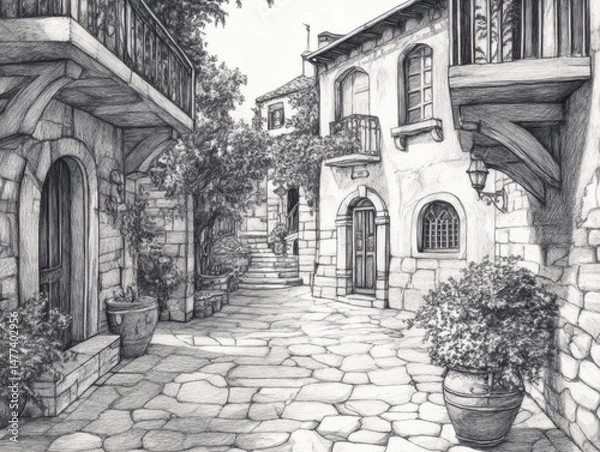 Obraz A pencil drawing of a cobblestone alleyway with stone buildings, trees, and plants.