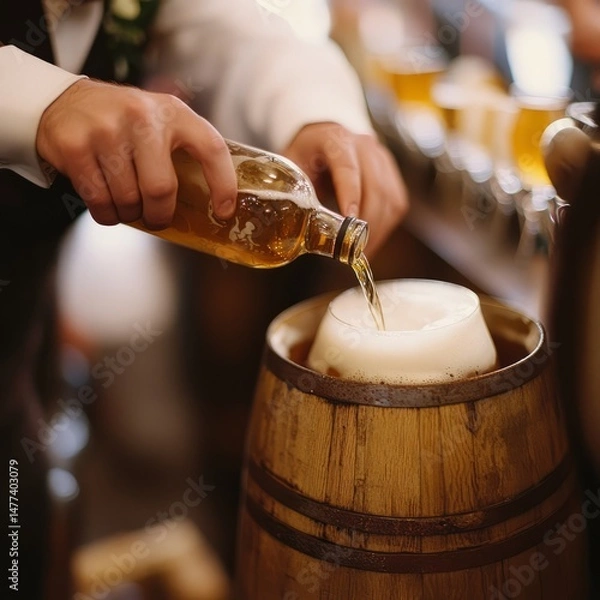 Obraz A person pouring beer from a bottle into a glass in a wooden barrel.