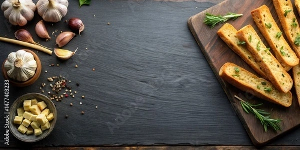Fototapeta Aromatic Garlic Breadsticks and Fresh Herbs Arranged on Dark Surface with Copy Space