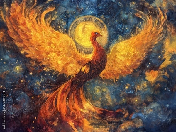 Obraz A Phoenix Bird Soaring Through a Starry Night Sky, Depicted in a Whirlwind of Colors.