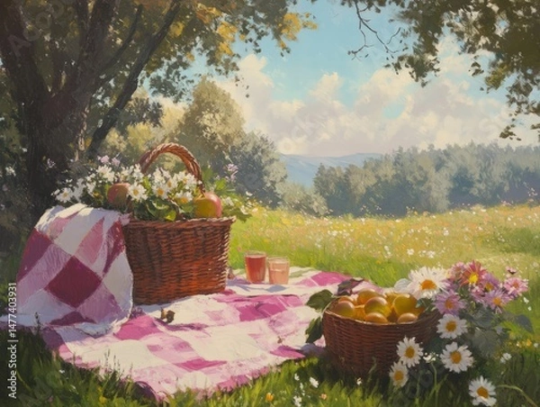 Fototapeta A picnic blanket under a tree with two baskets, one full of apples and daisies and the other full of oranges, with two glasses of juice, set in a meadow with a lush green forest in the background.