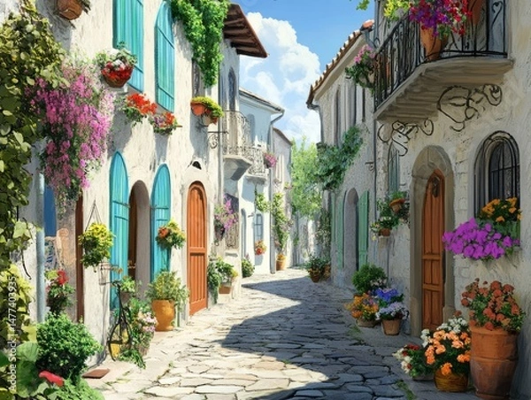 Obraz A picturesque cobblestone street in a charming village, lined with colorful flowers, lush greenery, and quaint houses with balconies.