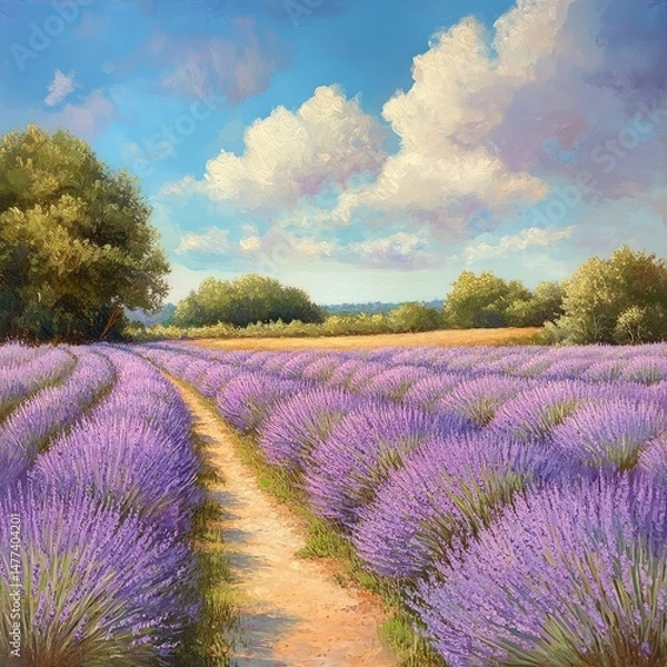 Obraz A picturesque dirt path winds through a field of purple lavender flowers under a blue sky with fluffy clouds.