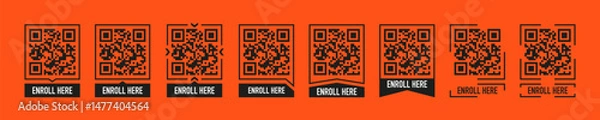 Obraz Set of black QR codes with “Enroll Here” labels in various frame styles on orange background, perfect for promotional or educational design use.