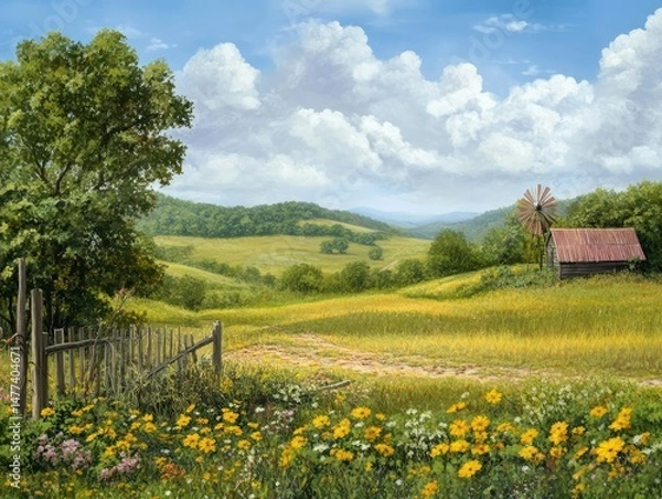 Obraz A picturesque rural landscape with a wooden fence, a winding dirt road, a lone farmhouse, and a windmill.