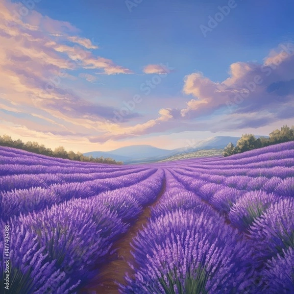 Obraz A picturesque landscape of vibrant purple lavender fields stretching under a clear blue sky with fluffy white clouds.
