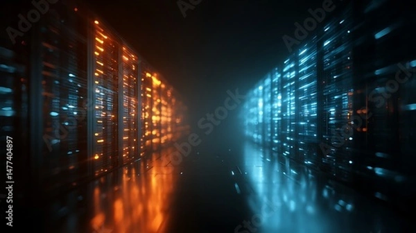 Fototapeta Network solution background, internet server services for cloud transfer, neon blue and orange light, networking and ai technology concept